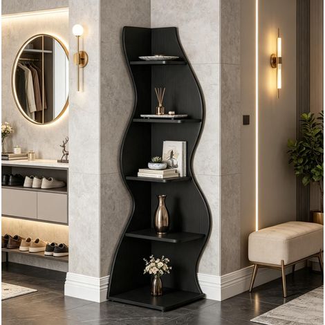 Étagère d’angle 50x50x182,5 cm en bois noir 5 niveaux gain de place pour petits espaces – MEUBLIV (1/5)
