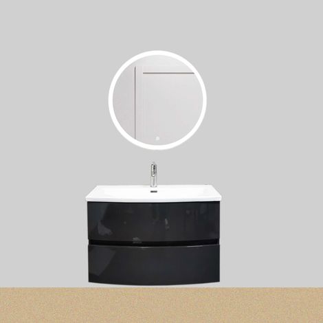 Meuble sous vasque suspendu arrondi Jura 80 cm Gris anthracite brillant plan résine avec miroir rond LED 60cm