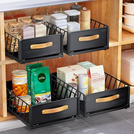 Küchenschublade, Schrankorganizer mit Nano-Klebefolie, stabile Vorratsschubladen, 40 cm Tiefe x 25 cm Breite x 16 cm Höhe, Schwarz (1/5)