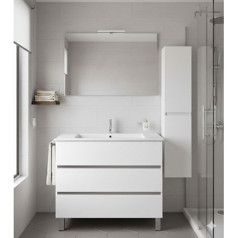 Ensemble Meuble de salle de bain BALDER Livré Monté 3 tiroirs avec pieds, lavabo et miroir Blanc brillant 90x45 cm avec colonne
