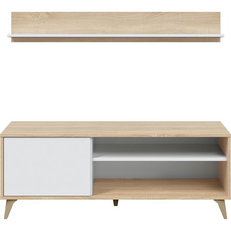 Meuble TV Kiko 1 Porte avec Étagère, Couleur Chêne et Blanc, 135 cm (Largeur)