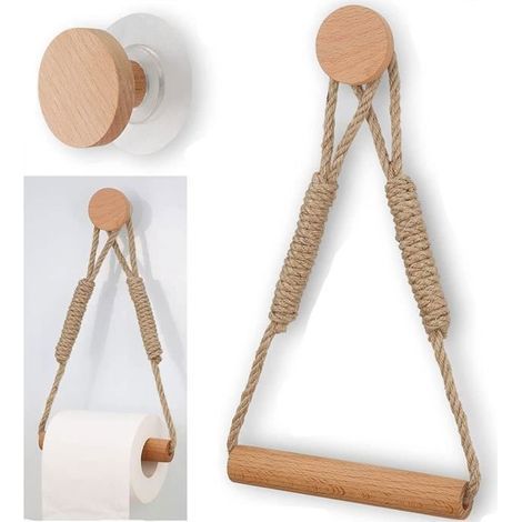 Self-Adhesive Wood and Hemp Cord Toilet Paper Holder – No Drilling, Rustic Multicolor Style