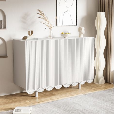 Buffet 120x37.5x80.8 cm blanc en MDF avec 4 portes sculptées et charnières amorties (1/5)