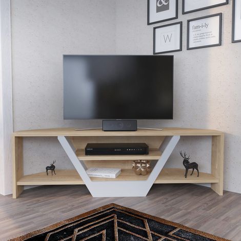 Modern Eck-TV-Möbel, Weiß-Eichen-Optik, Melamin, 120 cm, Sares (1/5)