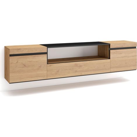 Skraut Home – Meuble TV suspendu mural – Grand espace de rangement 200x35x45cm – Pour TV jusqu'à 80" – Chêne et noir, style moderne (1/5)