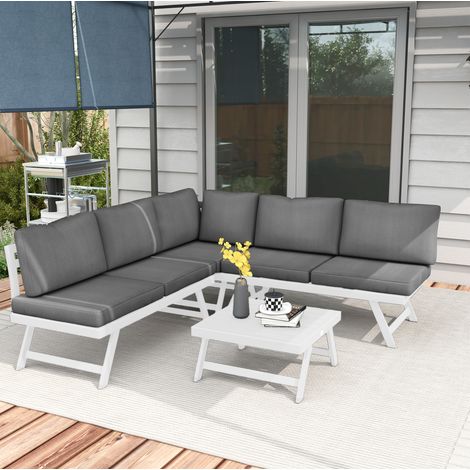 Set da giardino in alluminio e acciaio 4 posti grigio con cuscini, divano angolare e tavolino (1/5)