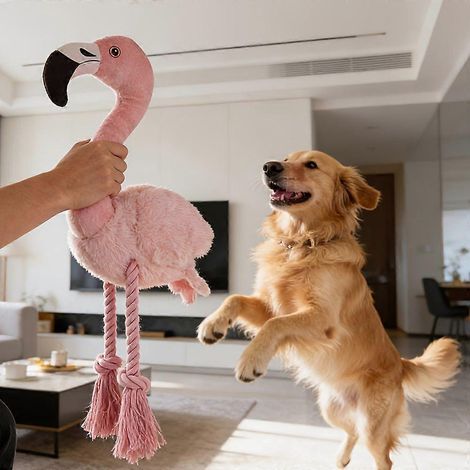 Peluche de flamenco para mascotas, juguete interactivo para masticar con sonido, juguete para la dentición de gatos y perros, compañero reconfortante. (1/5)
