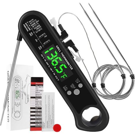 Thermomètre numérique 3 en 1 pour viande, thermomètre alimentaire à lecture instantanée avec 2 sondes filaires détachables, fonction d'étalonnage et d'alarme-AquaForge (1/5)