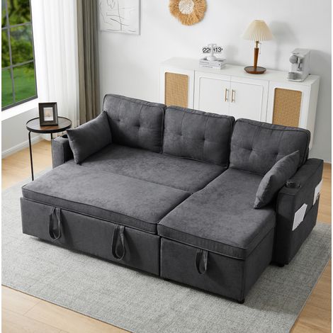 Sofá convertible con almacenamiento y portavasos gris OKMYHOME (1/5)