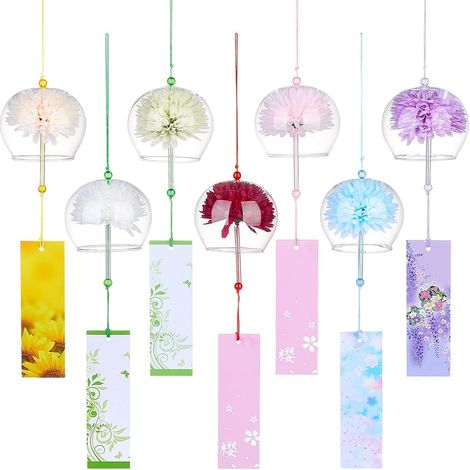 7 Styles Carillons à Vent Japonais, Carillons à Vent en Verre Colorés à Fleurs avec Étiquettes Clochettes en Verre Pendants Suspensions pour Décoration, Longueur 40.5cm