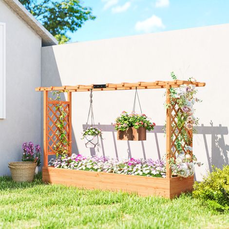 Jardinière surélevée avec treillis latéral et supérieur. bac à fleurs trous de drainage. 200x44x113.5cm. bois naturel