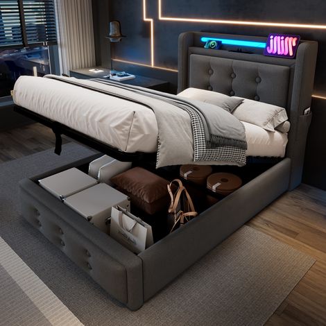 Letto contenitore Letto singolo Letto per adulti 90 x 200 cm con testiera LED e funzione di ricarica USB C, cotone, grigio, senza materasso (1/5)