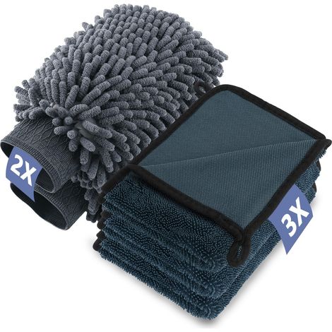 5 pièce Kit Nettoyage Voiture, 3 pièce Chiffon Microfibre et 2 Pack Gant de Lavage Microfibre, 600 GSM Microfibre Sechage Voiture pour sans Rayures et Poli, Ultra Absorbant (40 x 30 cm) (1/5)