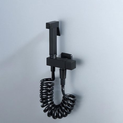 Ensemble de douche à main en laiton mural, ensemble de douche WC haute pression avec flexible de douche, robinet d'arrêt, eau froide, noir [Classe énergétique A]