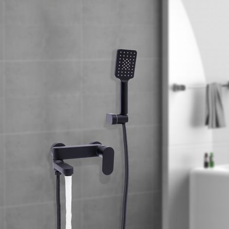 Schwarze Duscharmatur mit Handbrause, wandmontierte Badarmatur, Badewannenarmatur mit Duschkopf, 3 Funktionen, für Badewanne und Badezimmer (1/5)
