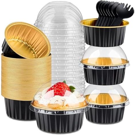 50 pièces mini moules à gâteau avec couvercles et cuillères, 150ml moules en aluminium rond, petits contenants pour pain, dessert, mariage, anniversaire, pique-nique, fête (Or Noir)