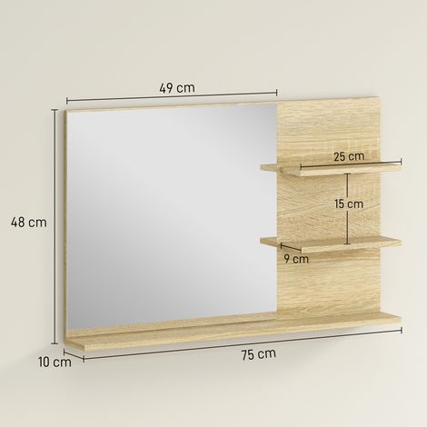 Miroir de salle de bain moderne en bois et verre, avec deux étagères latérales et une étagère inférieure, 75x10x48cm, couleur bois. (1/5)
