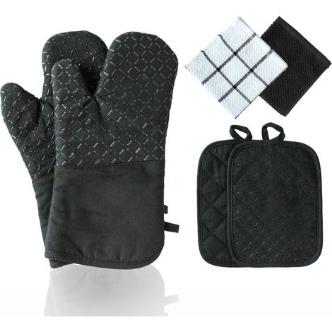 Gant Four Maniques Cuisine -Gants en Antidérapantes en Doux Longs et Flexibles 30cm lot de 4 Silicone Coton Noir (1/5)