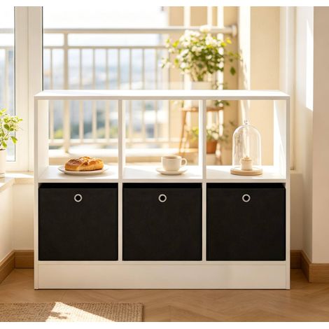 Étagère bibliothèque 80x30x61 cm noir et blanc en bois d’ingénie et tissu avec 3 tiroirs (1/4)