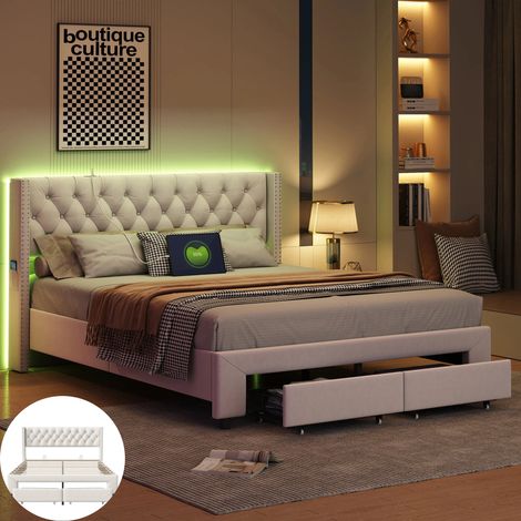Lit 160x200 cm avec éclairage LED et USB, Lit 2 Personnes Cadre de Lit avec 2 Tiroirs en Rangement, sommier à lattes,Velours,Gris (1/5)