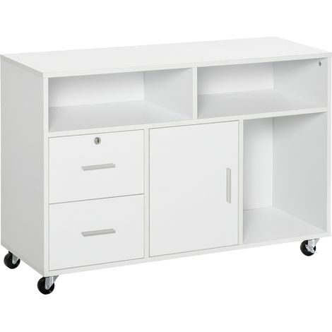 Armoire bureau à roues étagères tiroirs 100x35x65 cm blanc, meuble polyvalent, grand rangement, mobilier auxiliaire