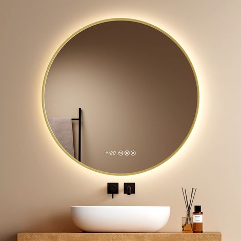 EMKE Badspiegel mit Beleuchtung Ø80 cm Gold, Badezimmerspiegel, Anti-Beschlag-Funktion, Uhr- und Temperaturanzeige, Touch-Steuerung