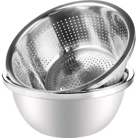 Lot 2 passoires en acier inoxydable 304 avec bol – Passoire de cuisine, panier égouttoir avec plateau pour légumes, fruits, pâtes, salades, préparation des aliments et passe au lave-vaisselle (1/5)