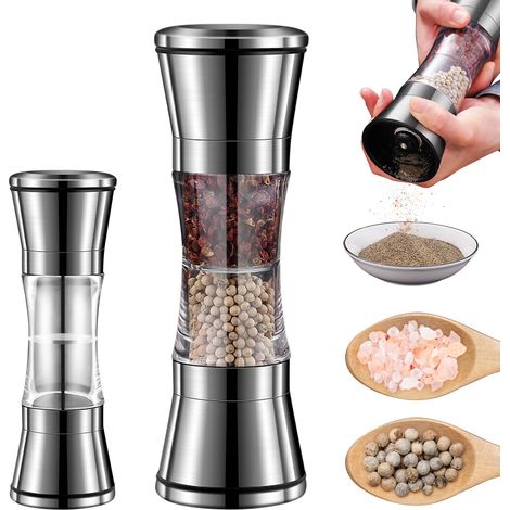 Lot de 1 – Ensemble de moulins manuels à sel de mer et à poivre en acier inoxydable, à double tête – Moulin à sel et à poivre avec réservoir en acrylique (forme sablier) (1/5)