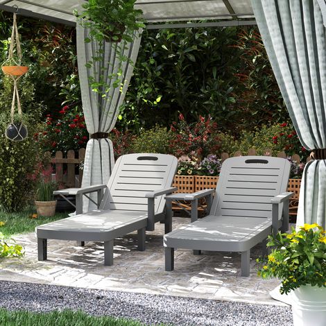Ensemble de 2 chaises longues de jardin réglables avec table et accoudoirs, en polypropylène, 79x158x88 cm, gris foncé