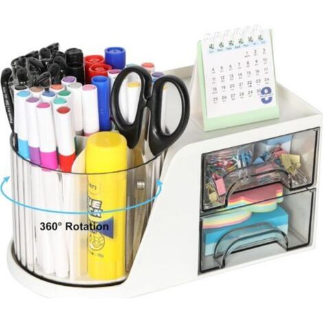 Organiseur de bureau multifonctionnel avec porte-crayons rotatif à 360°, organiseur de bureau à 6 compartiments et 2 tiroirs, rangement pour papier, blanc (1/5)