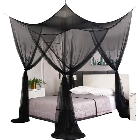 Baldacchino per letto, adatto a letti matrimoniali, king size e extra king size zanzariera/tenda antizanzare per interni/esterni baldacchino nero in stile gotico decorazione di Halloween. (1/4)