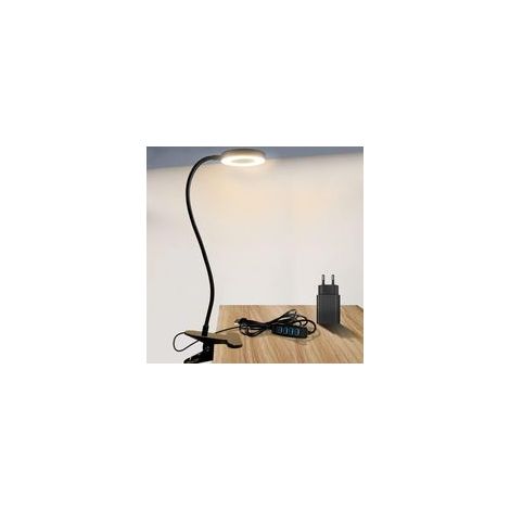 Lampe de bureau LED noire, lampe de bureau à pince avec chargeur USB, lampe de lecture à pince flexible à 360°, 3 modes d'éclairage et 10 niveaux de gradation, bouton intelligent, luminosité protectri