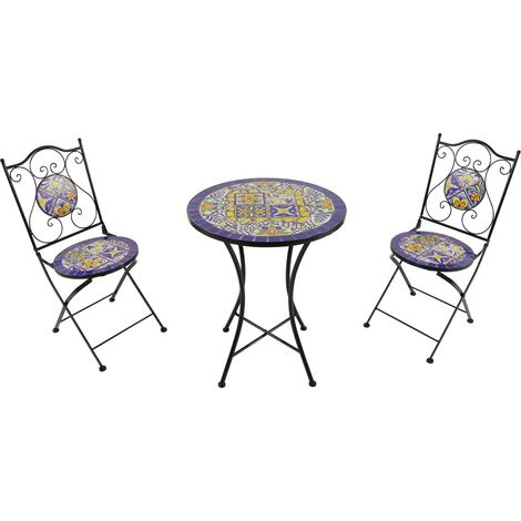 Ensemble table et chaise de jardin – 3 pièces – Mosaïque bleu/jaune – Cadre métal durable – Hauteur d'assise 46 cm – Pour balcon/terrasse – AXI (1/5)