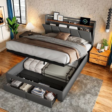 Lit double 160x200 avec éclairage led et usb, lit coffre avec rangement hydraulique & 2 tiroirs, cadre de lit pour adultes, gris capitonné (1/5)