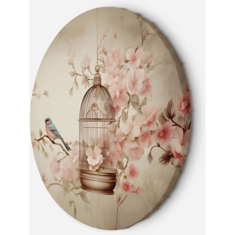 Tableau sur toile Image circulaire Oiseau sur une branche et cage vintage 60x60 (1/5)