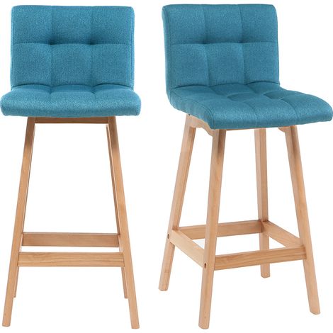 Miliboo – Tabouret de bar en bois et tissu bleu canard H65 cm – Lot de 2 – Dossier haut et pieds en hêtre – Confort scandinave (1/5)