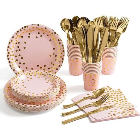 141 pièces, vaisselle jetable anniversaire, pâte de bois, rose et jaune, fête enfants