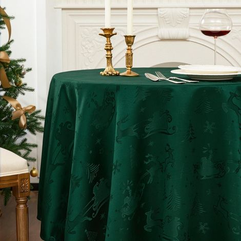 Runde Weihnachtstischdecke 160 cm Dunkelgrün abwaschbar mit Rentier-Motiv