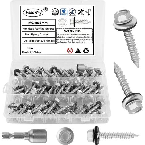 100 Pièces Vis Autoforeuses de Toiture,M6,3x25mm Vis à Tôle Autotaraudese à Tete Hexagonale et Autoperceuse pour Toit en Métal Avec Rondelles EPDM et 1 Embout. (1/5)