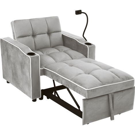 1-Sitzer-Schlafsofa 3-in-1 aus grauem Samt mit Becherhalter und Handyhalter (1/5)