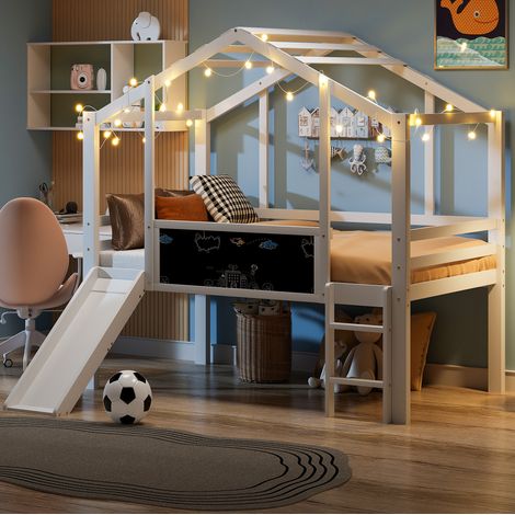 Letto a soppalco per bambini 204x159x174.5 cm, con scivolo, lavagna, casetta, legno massello bianco (1/5)