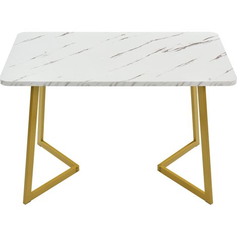 Mesa de comedor rectangular 117 x 68 cm con patas metálicas, MDF efecto mármol blanco y dorado (1/5)