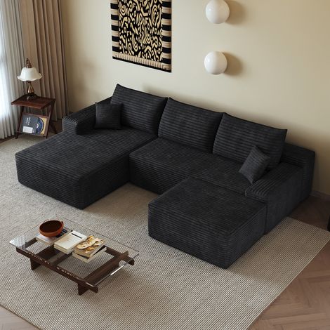 Canapé d'angle en U 270cm,canapé modulaire en velours côtelé,avec chaiselongue,1 repose-pieds,canapé 4 place compression,assise profonde,noir