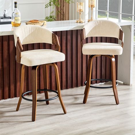 Lot de 2 Tabourets de Bar - 51x42x95cm - Chaise Haute Design Rétro en Cuir PU et Cadre en Bois avec Repose-Pieds - Blanc (1/5)