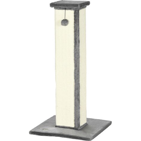 Griffoir chat en sisal et peluche, poteau à griffer avec boule suspendue, base stable 41x41x81 cm, gris crème (1/5)