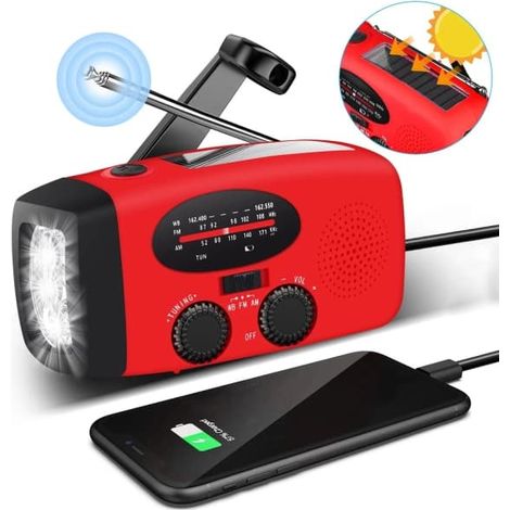 Radio d'urgence avec manivelle, alimentation solaire, lampe torche et batterie externe. (1/4)