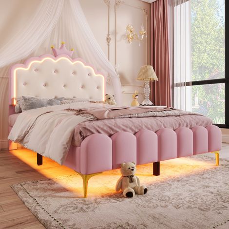 Lit enfant 140x200cm Lumiere dambiance LED réglable Sommier à lattes Revêtement PU Rose (Sans matelas) (1/5)