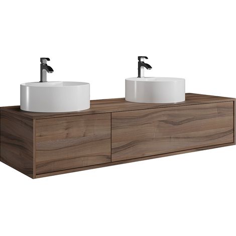 Meuble de salle de bain suspendu coloris naturel foncé avec double vasque à poser ronde- L150 cm - ISAURE II (1/5)