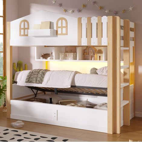 Litera infantil 90x200 cm de madera blanca con almacenaje integrado, sin colchón - MEUBLIV (1/5)
