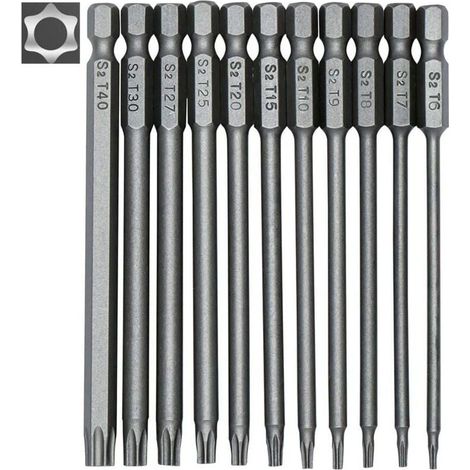 Jeu de 11 embouts longs Torx pour tournevis et visseuse électrique - Embouts magnétiques - Tige hexagonale de 1/4" - Tailles T6 à T40 - Longueur 100 mm (1/4)